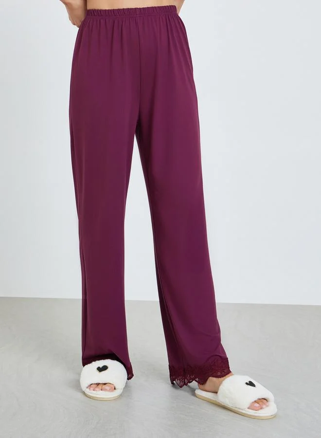 Styli  Women Burgundy Lace Trim Top and Pyjama Set for Women | Best Price UAE